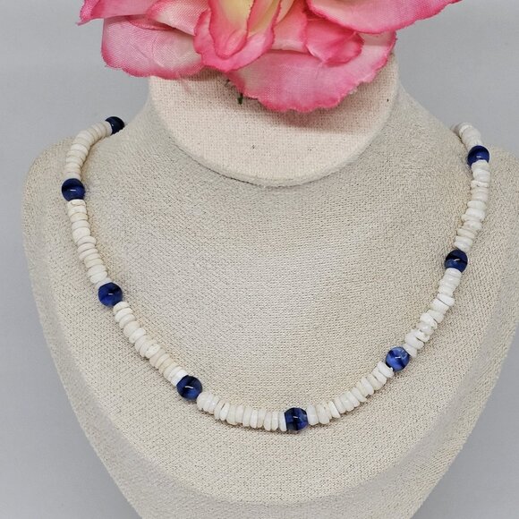 Real White Puka Shell Blue Glass Bead Necklace Surfer Choker 18" Surf Boho - Picture 9 of 9